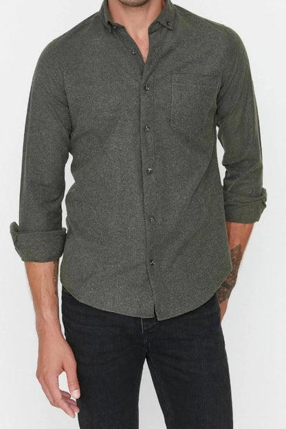 Fashion Men's Button-down Collar Plain Pattern Casual Single Pocket Shirt