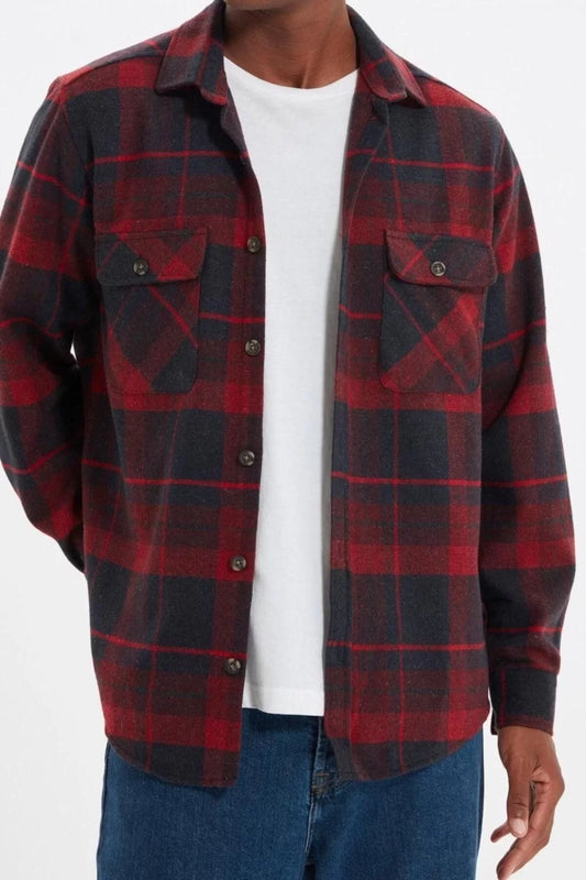 Fashion Men's Shirt Collar Plaid Casual Double Pocket Flap Regular Fit Winter Lumberjack Checkered Shirt