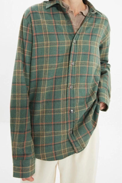 Fashion Shirt Collar Plaid Casual Unisex Oversize Snap Closure Winter Lumberjack Plaid Shirt