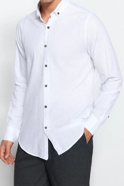 Fashion Men's Button Down Collar Plain Pattern Casual Textured Cotton Shirt