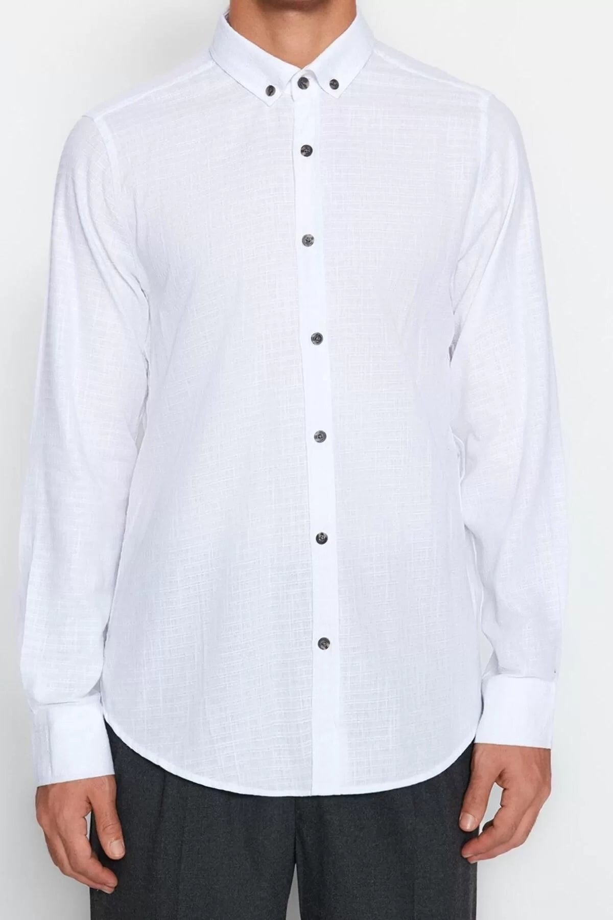 Fashion Men's Button Down Collar Plain Pattern Casual Textured Cotton Shirt