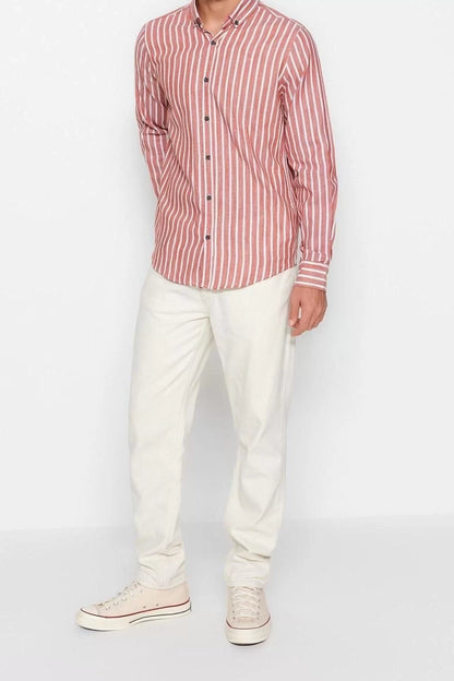 Fashion Men's Button Down Collar Striped Pattern Casual Striped Cotton Shirt