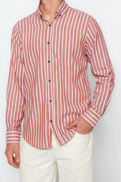 Fashion Men's Button Down Collar Striped Pattern Casual Striped Cotton Shirt