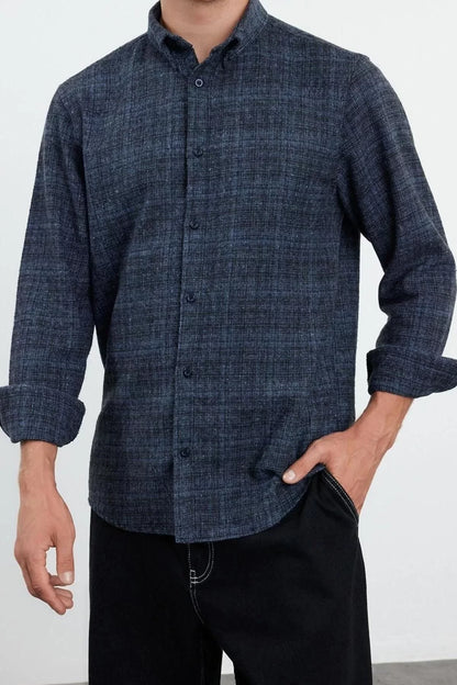 Fashion Men's Shirt Collar Plaid Casual Regular Fit Textured Winter Flannel Shirt