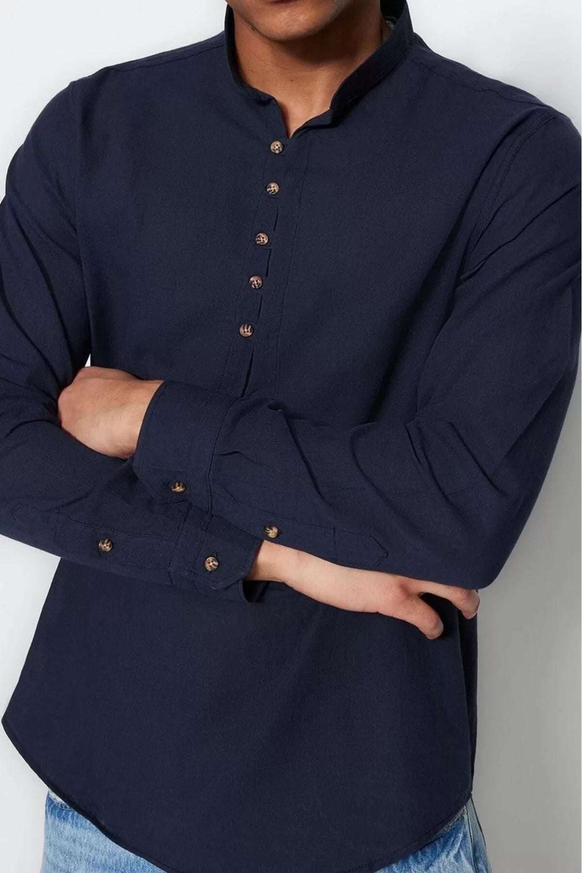 Fashion Men's Stand Collar Plain Pattern Casual Half Placket Buttoned Stand Collar New Shirt