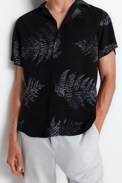 Fashion Men's Open Collar Tropical Pattern Casual Regular Fit Open Collar Short Sleeve Loose Shirt