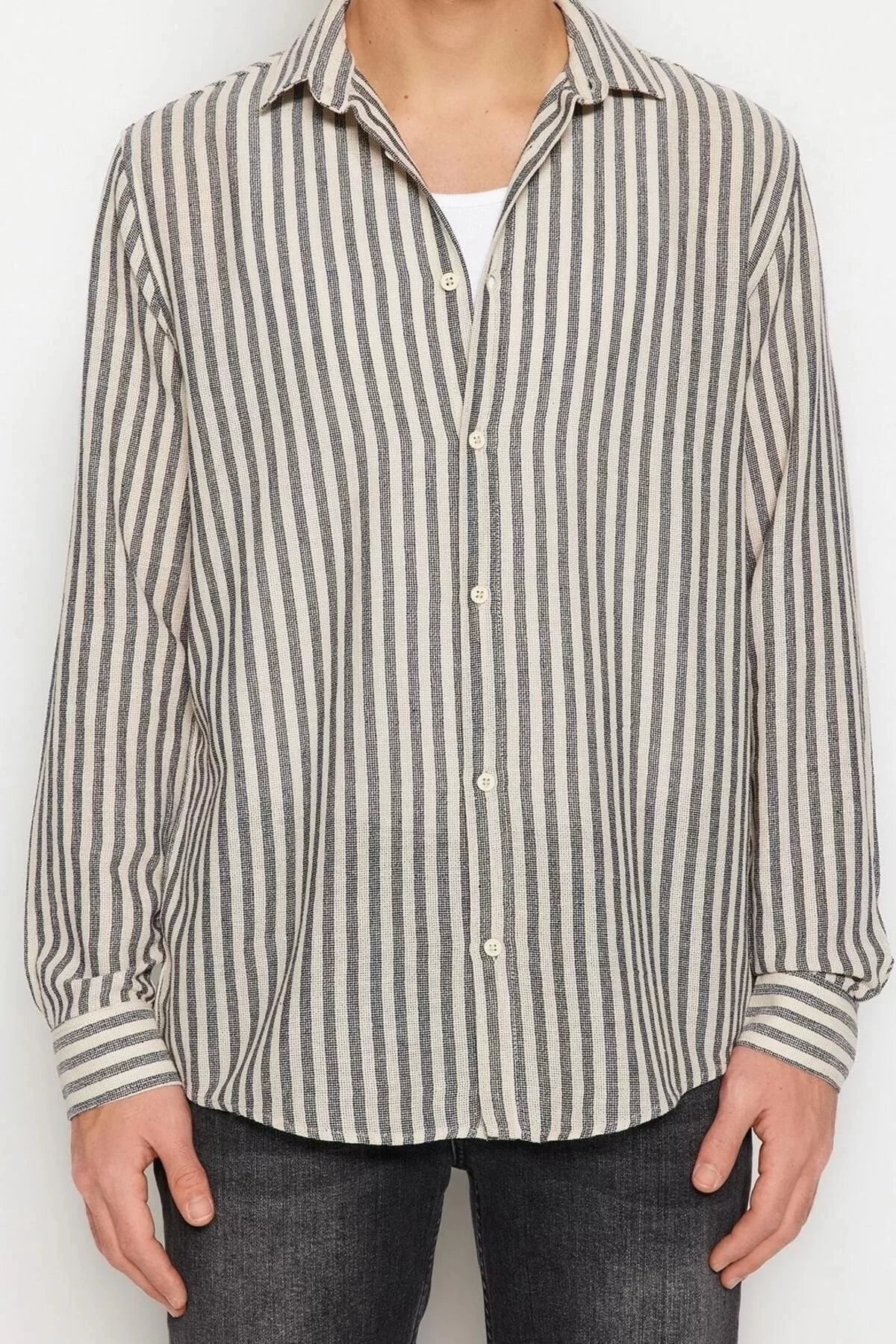 Fashion Men's Shirt Collar Striped Pattern Casual Regular Fit Striped Textured Shirt