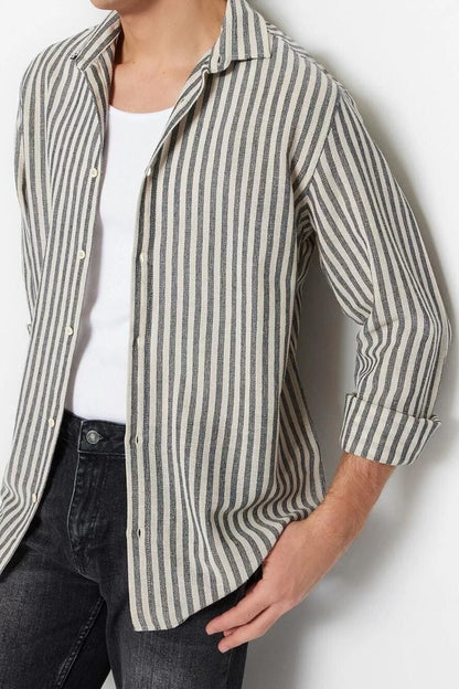 Fashion Men's Shirt Collar Striped Pattern Casual Regular Fit Striped Textured Shirt