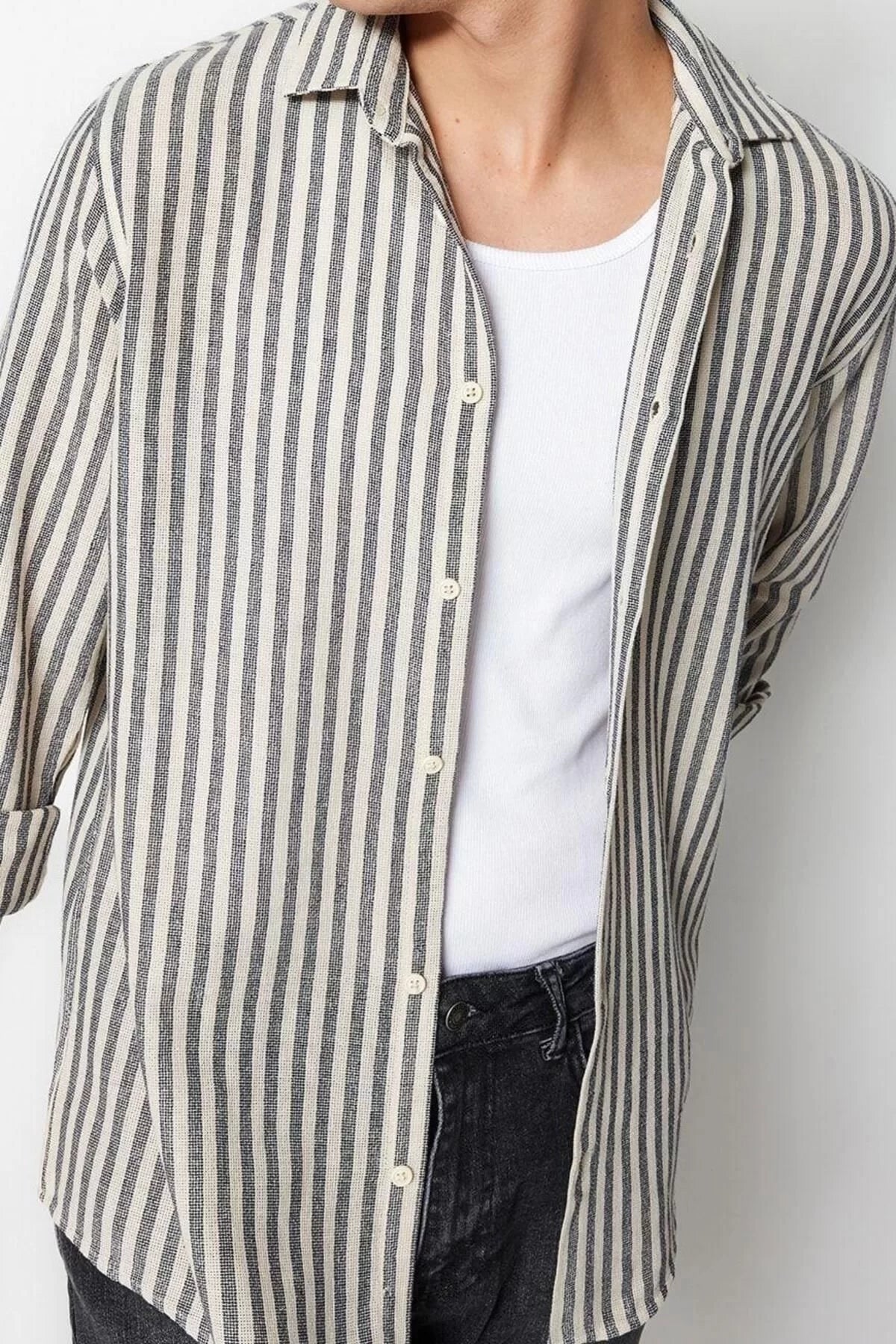 Fashion Men's Shirt Collar Striped Pattern Casual Regular Fit Striped Textured Shirt