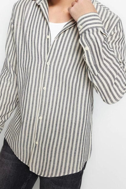 Fashion Men's Shirt Collar Striped Pattern Casual Regular Fit Striped Textured Shirt