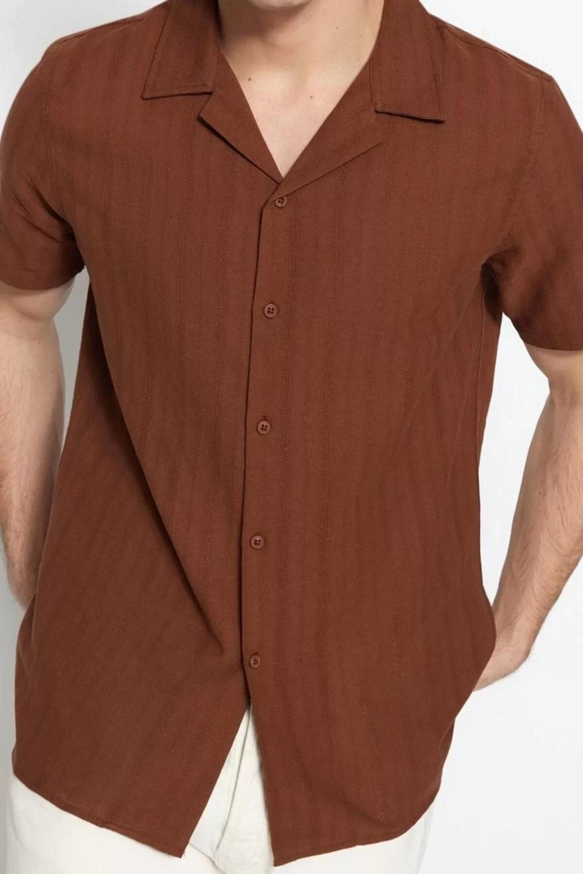 Fashion Men's Open Collar Textured Pattern Casual Regular Fit Textured Summer Linen Look Shirt