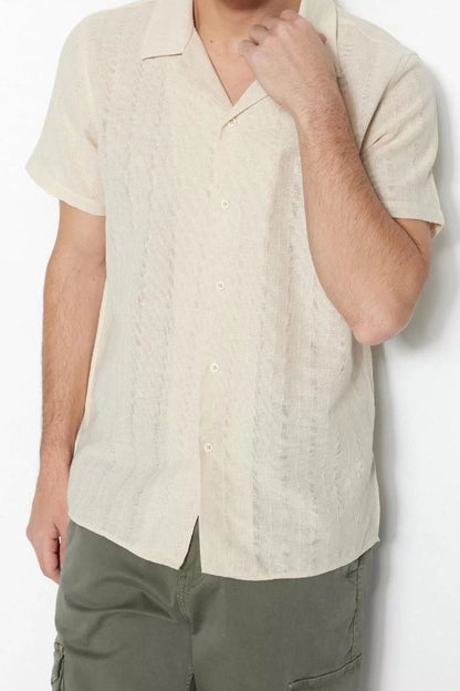 Fashion Men's Open Collar Textured Pattern Casual Regular Fit Textured Summer Linen Look Shirt