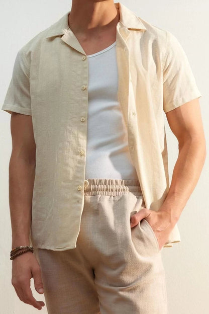 Fashion Men's Open Collar Textured Pattern Casual Regular Fit Textured Summer Linen Look Shirt