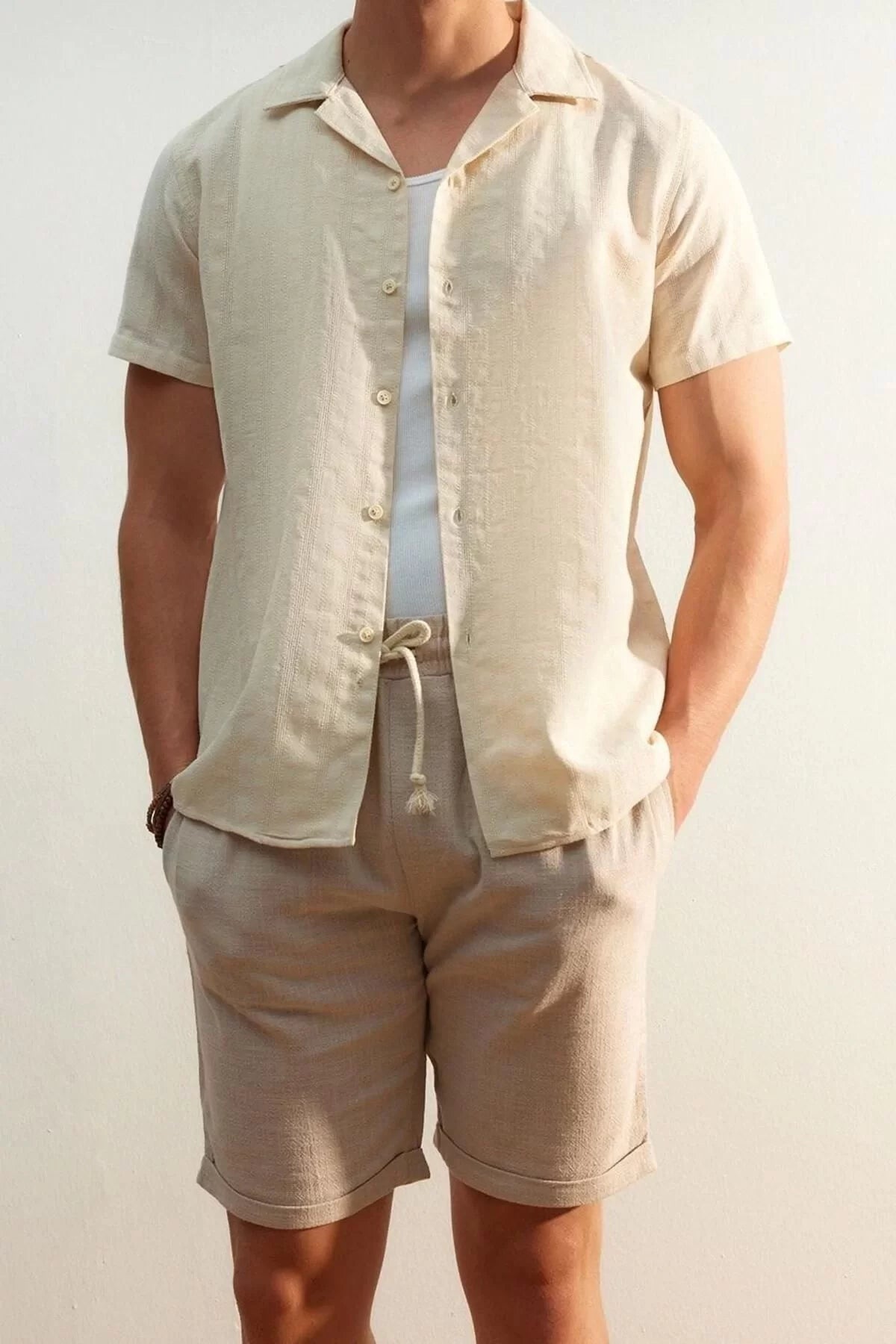 Fashion Men's Open Collar Textured Pattern Casual Regular Fit Textured Summer Linen Look Shirt