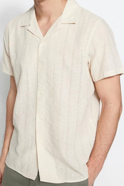 Fashion Men's Open Collar Textured Pattern Casual Regular Fit Textured Summer Linen Look Shirt