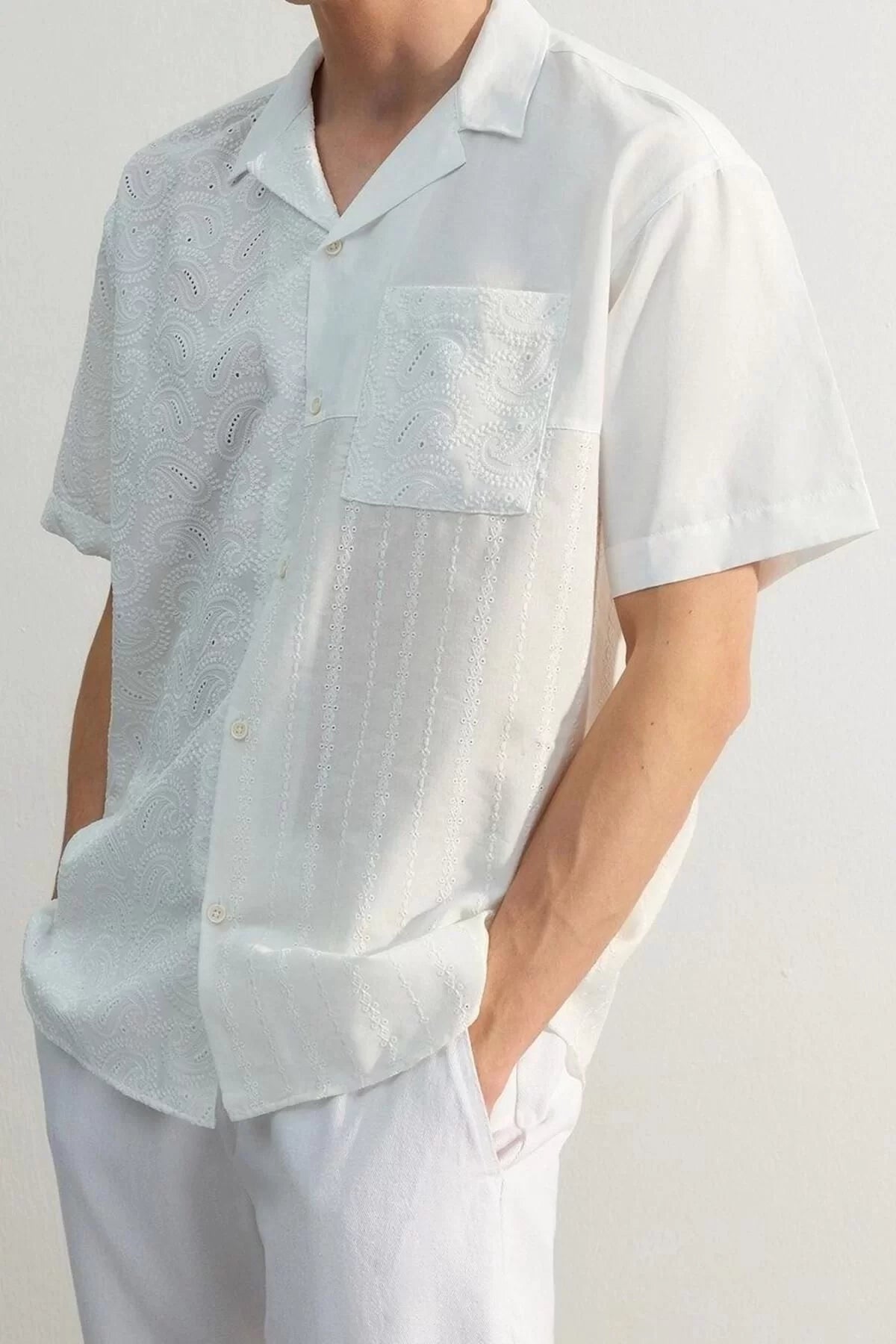 Fashion Men's Open Collar Geometric Pattern Stylish Night Limited Edition Oversize Embroidered Block Summer Shirt