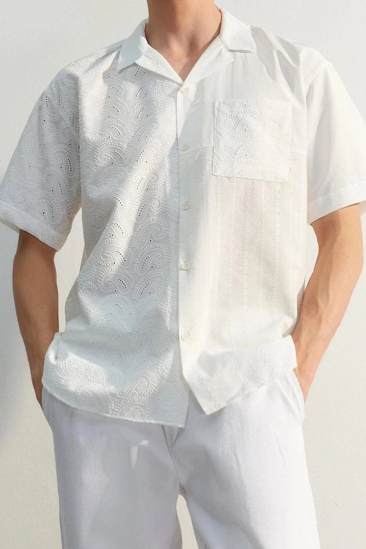 Fashion Men's Open Collar Geometric Pattern Stylish Night Limited Edition Oversize Embroidered Block Summer Shirt