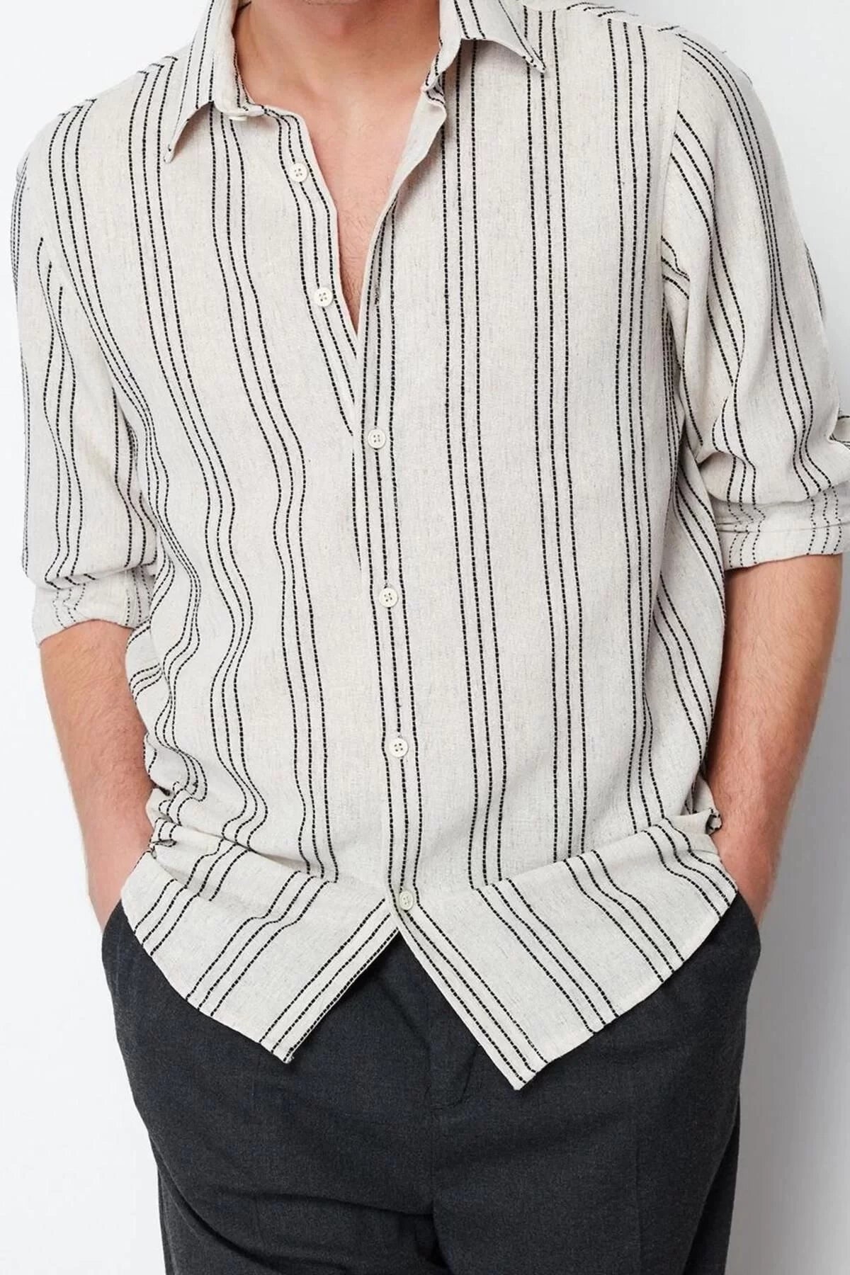 Fashion Men's Shirt Collar Striped Pattern Casual Regular Fit Striped Etamine Shirt