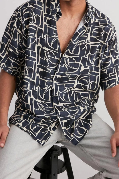 Fashion Men's Oversized Fit 100% Viscose Patterned Short Sleeve Loose Summer Shirt