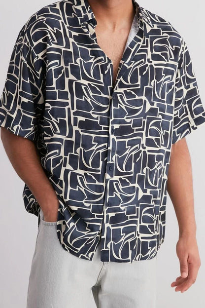 Fashion Men's Oversized Fit 100% Viscose Patterned Short Sleeve Loose Summer Shirt