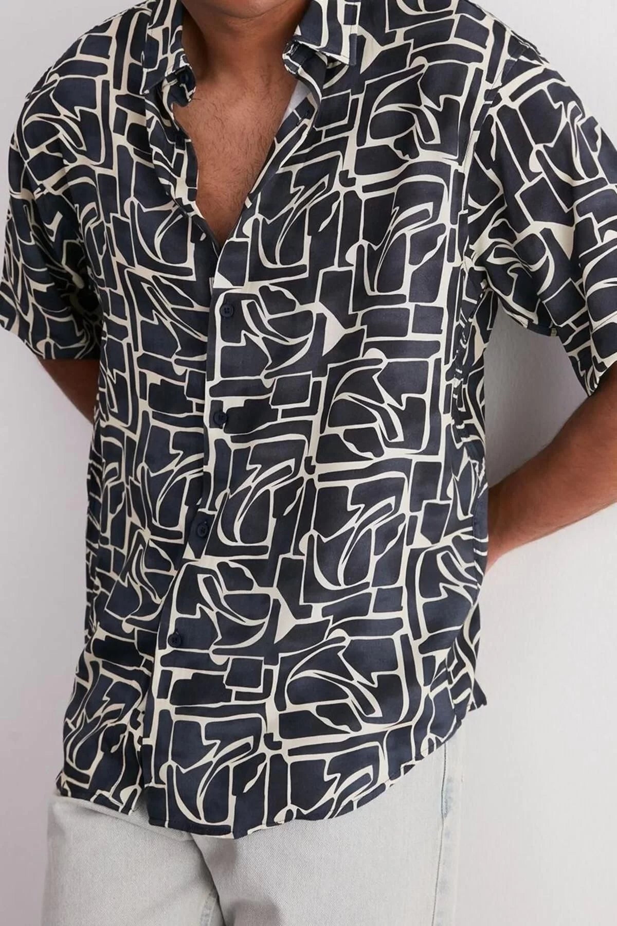 Fashion Men's Oversized Fit 100% Viscose Patterned Short Sleeve Loose Summer Shirt