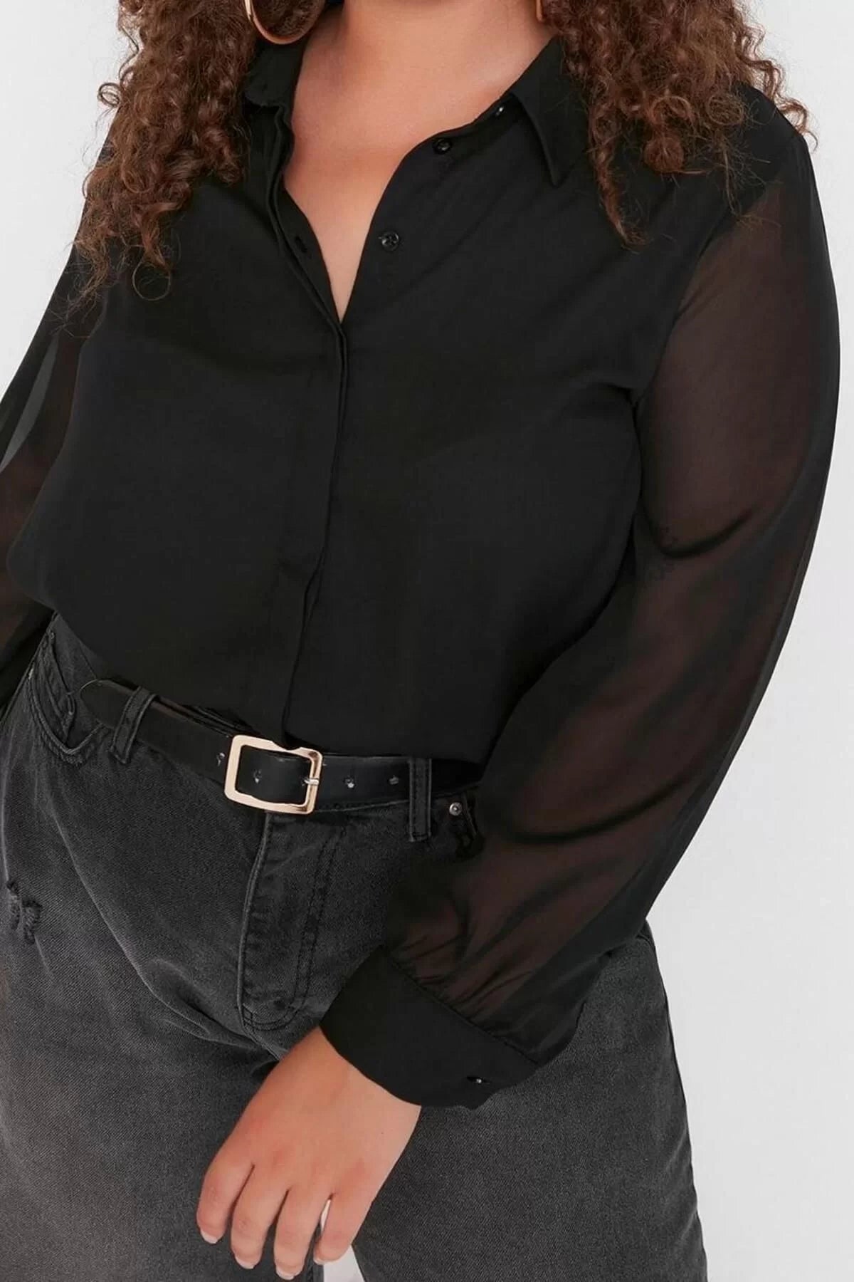 Fashion Women's Plus Size Shirt Collar Plain Pattern Casual Long Sleeve Buttoned Chiffon Woven Shirt