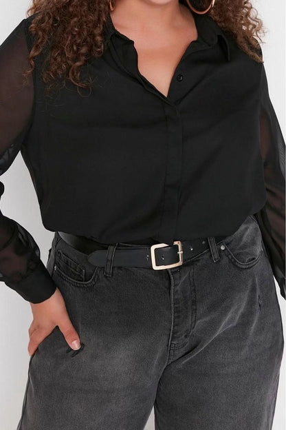 Fashion Women's Plus Size Shirt Collar Plain Pattern Casual Long Sleeve Buttoned Chiffon Woven Shirt