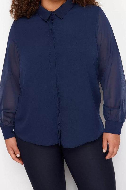 Fashion Women's Plus Size Shirt Collar Plain Pattern Casual Long Sleeve Buttoned Chiffon Woven Shirt