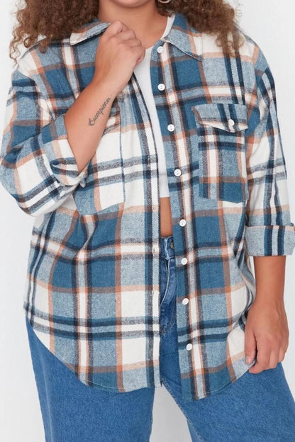 Fashion Women's Plus Size Shirt Collar Plaid Casual Plaid Woven Shirt