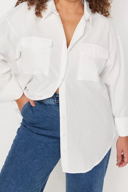 Fashion Women Plus Size Shirt Collar Plain Pattern Casual Woven Pocket Poplin Shirt