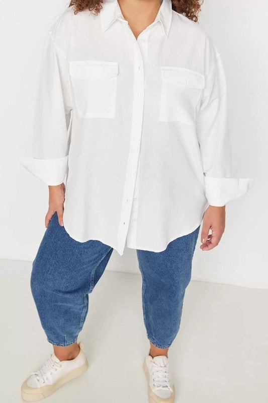 Fashion Women Plus Size Shirt Collar Plain Pattern Casual Woven Pocket Poplin Shirt