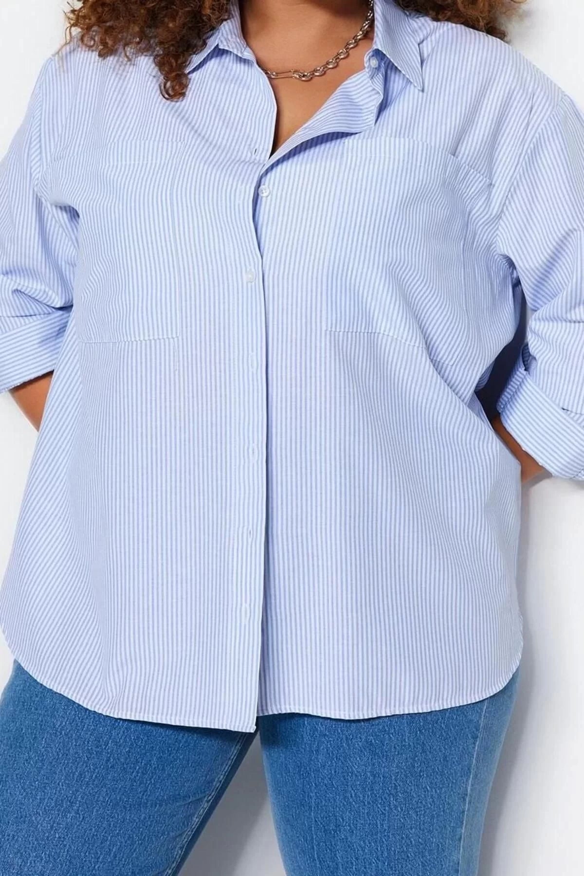 Fashion Women Plus Size Shirt Collar Striped Pattern Casual Striped Poplin Shirt