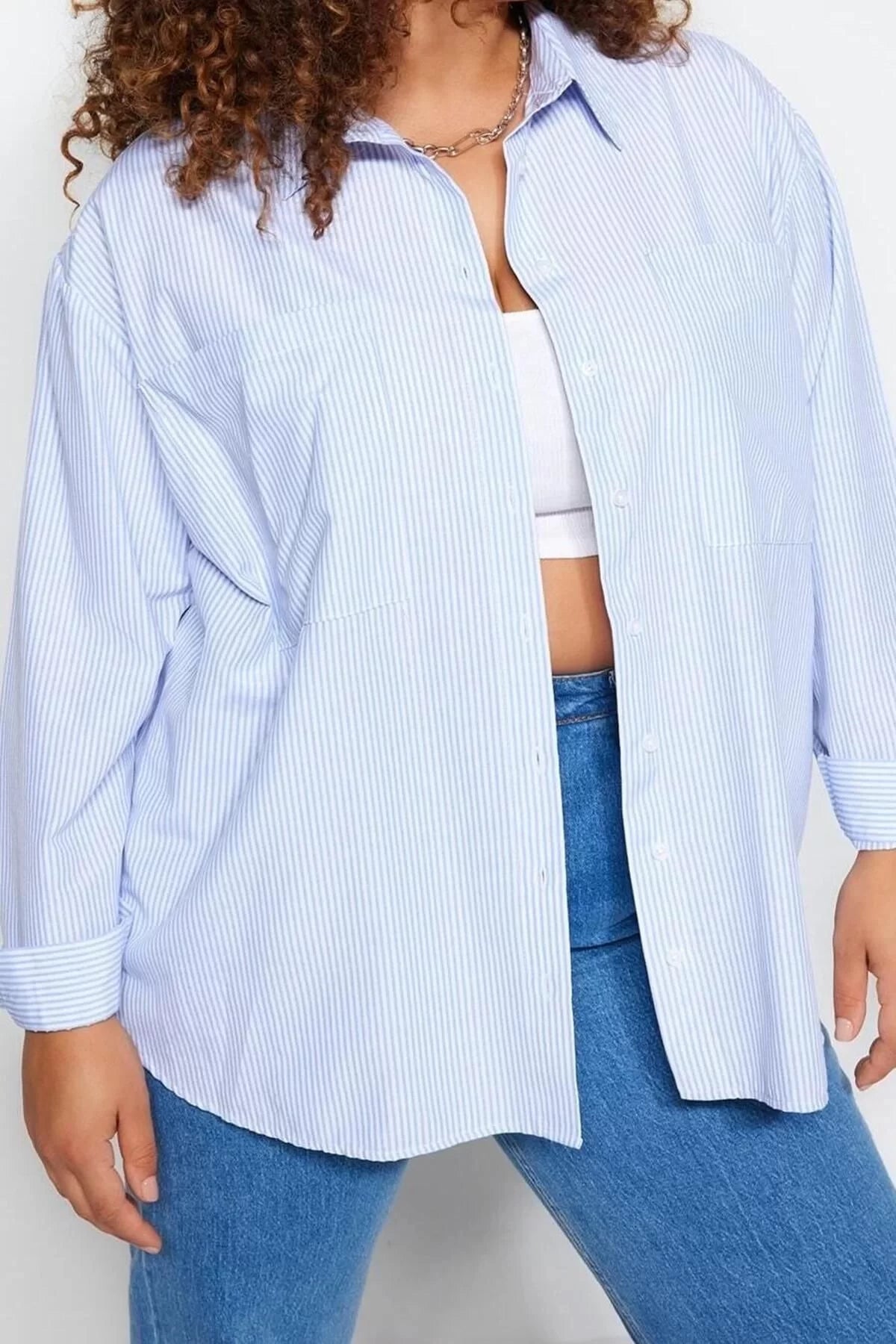 Fashion Women Plus Size Shirt Collar Striped Pattern Casual Striped Poplin Shirt