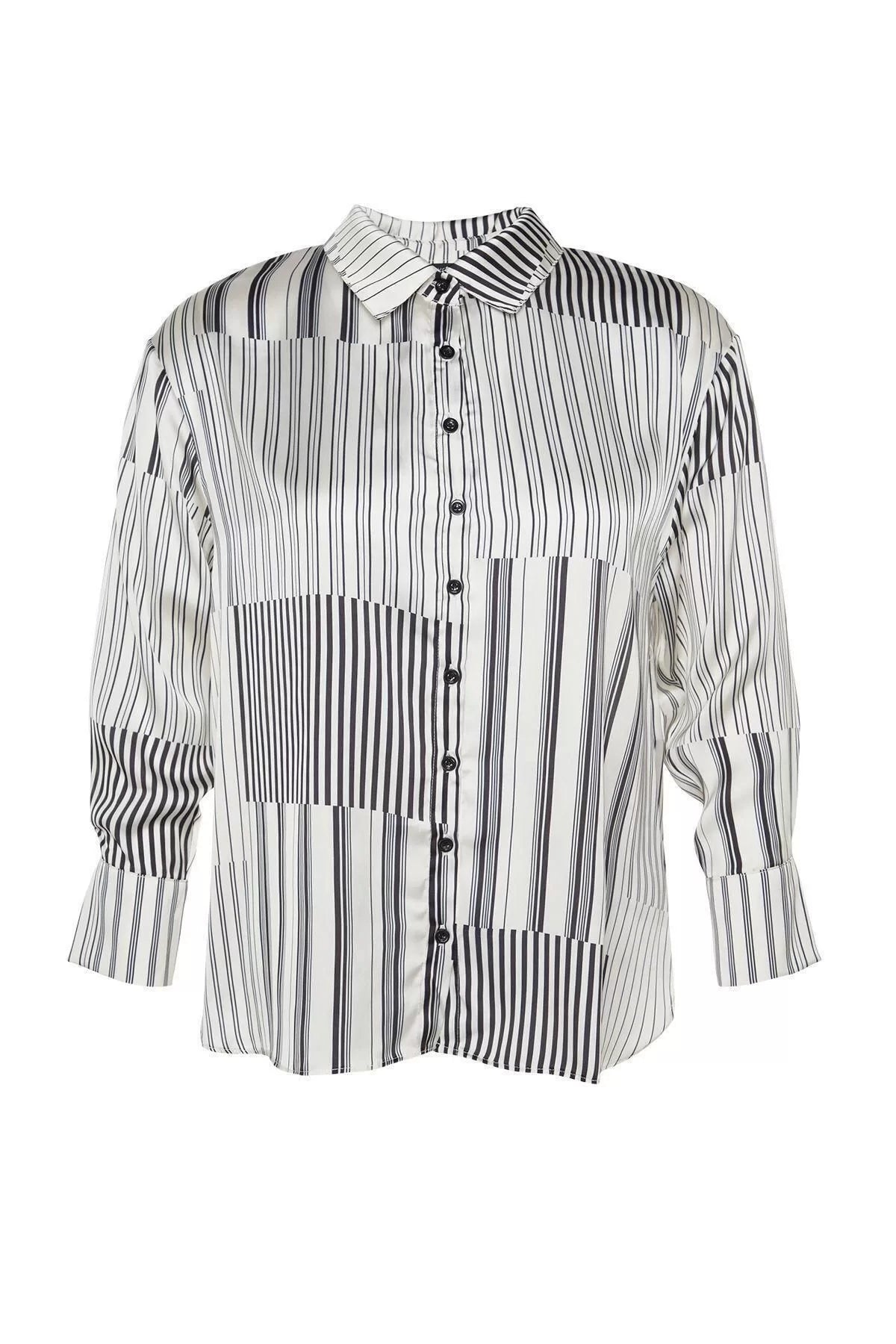 Fashion Women's Plus Size Shirt Collar Striped Pattern Casual Black White Striped Woven Shirt