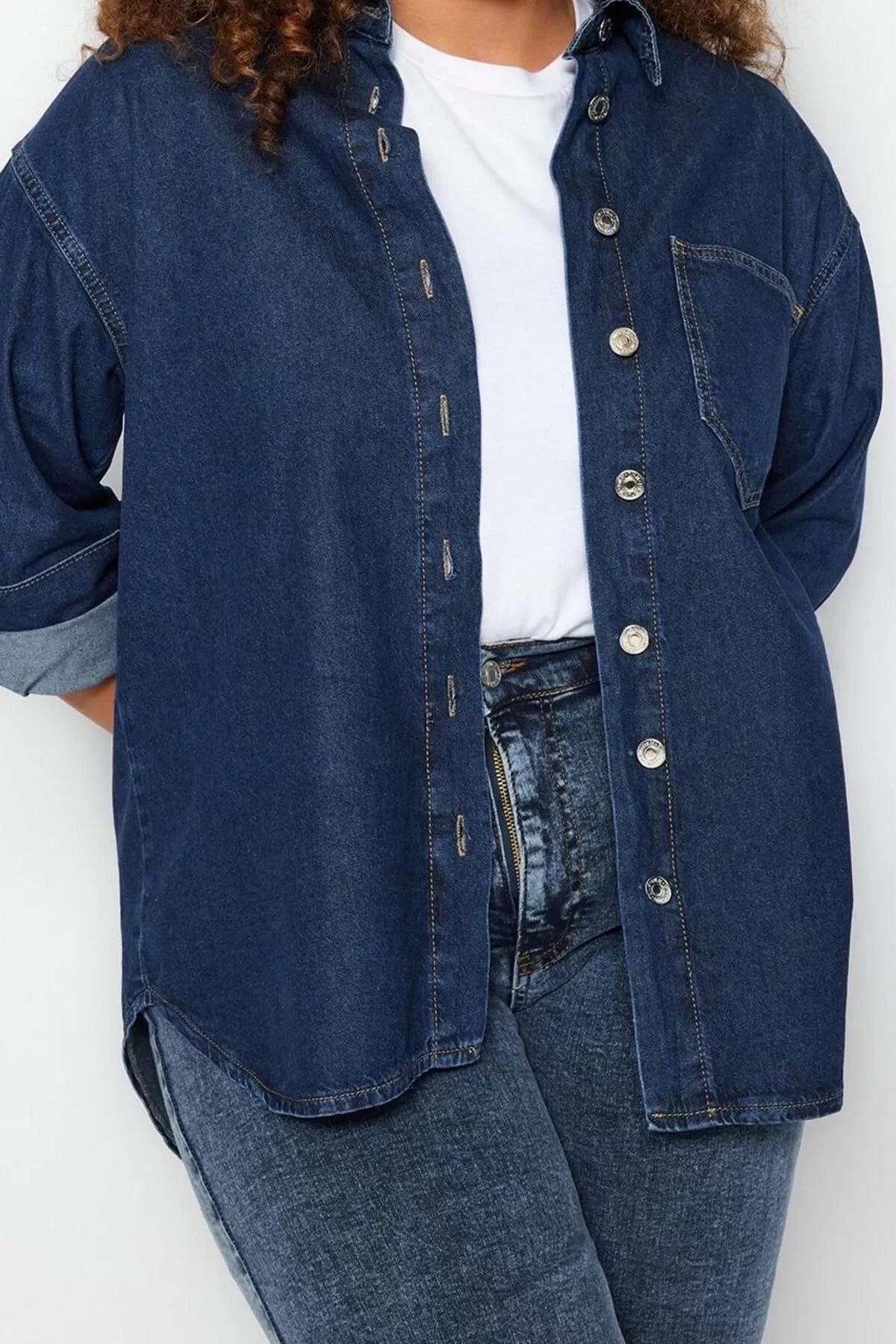 Fashion Women Plus Size Shirt Collar Plain Pattern Casual Oversize Denim Shirt