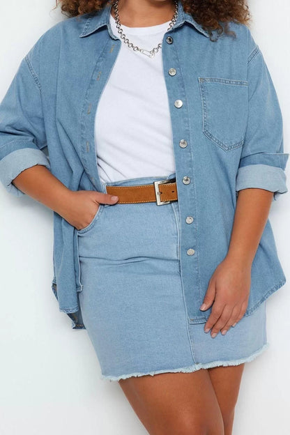 Fashion Women Plus Size Shirt Collar Plain Pattern Casual Oversize Denim Shirt