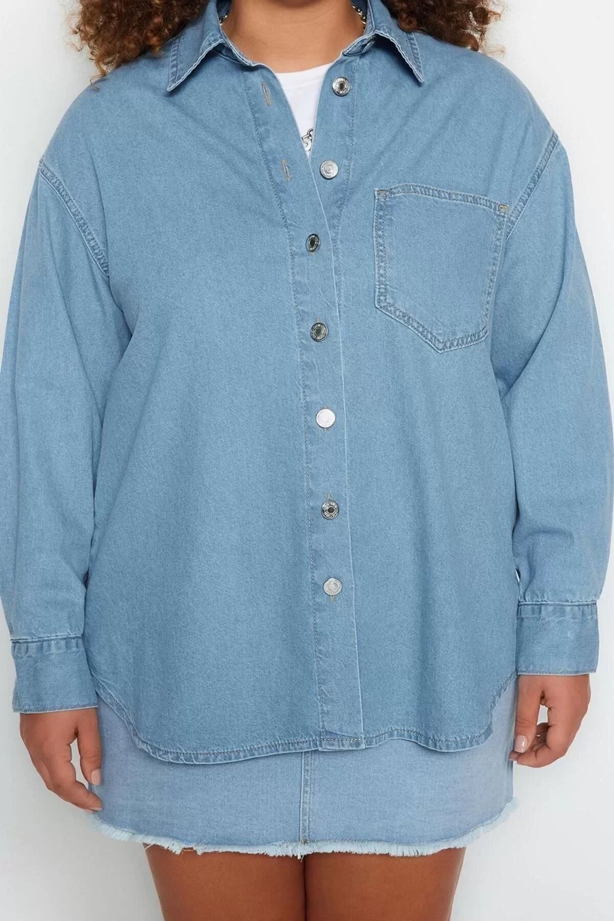 Fashion Women Plus Size Shirt Collar Plain Pattern Casual Oversize Denim Shirt