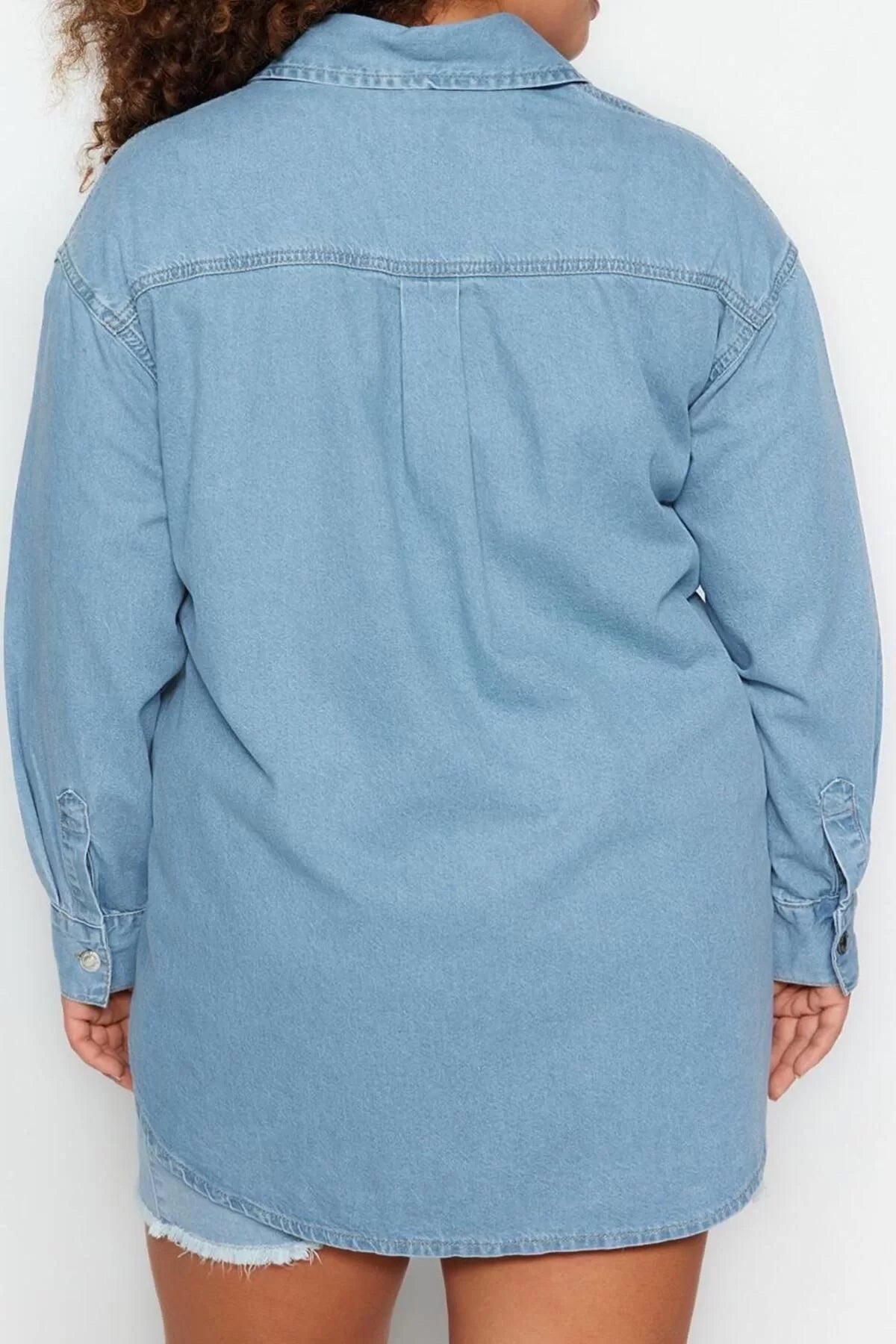 Fashion Women Plus Size Shirt Collar Plain Pattern Casual Oversize Denim Shirt