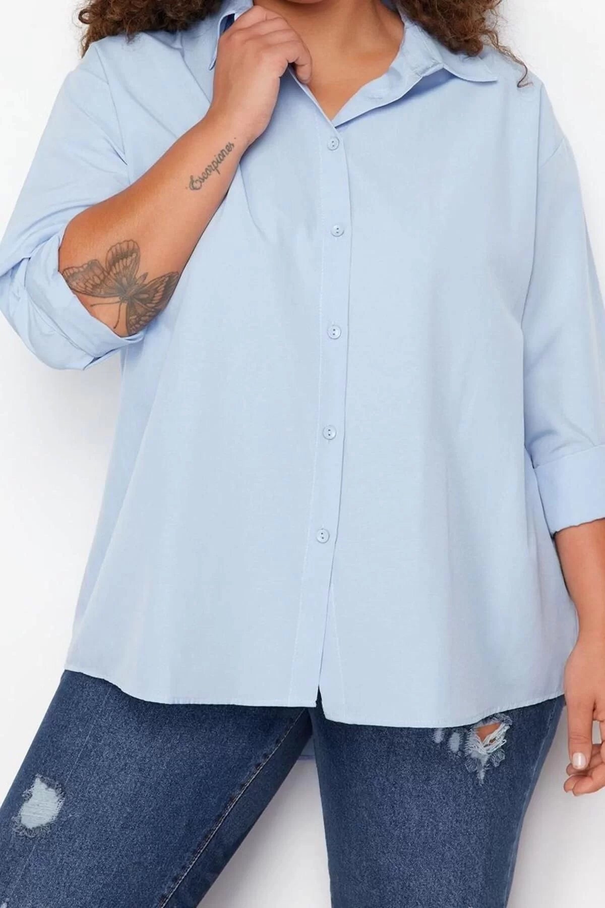 Fashion Women's Plus Size Shirt Collar Plain Pattern Casual Woven Shirt