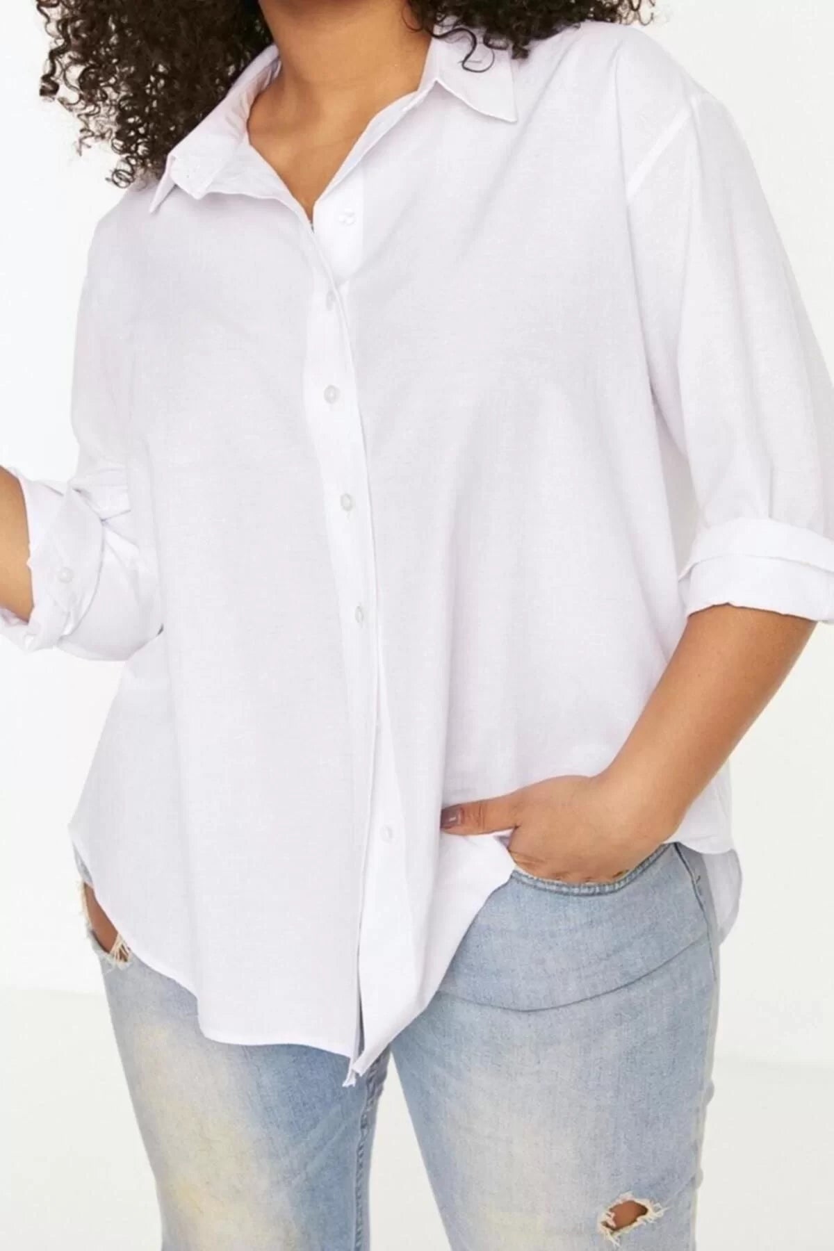 Fashion Women's Plus Size Shirt Collar Plain Pattern Casual Woven Shirt