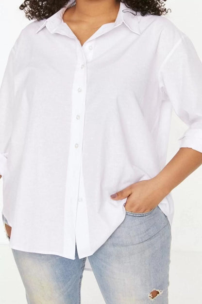 Fashion Women's Plus Size Shirt Collar Plain Pattern Casual Woven Shirt