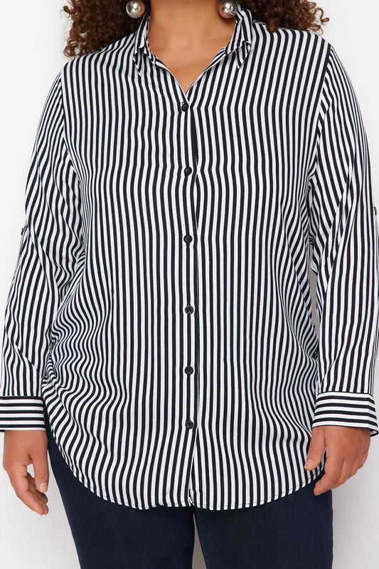 Fashion Women Plus Size Shirt Collar Plain Pattern Casual Striped Shirt