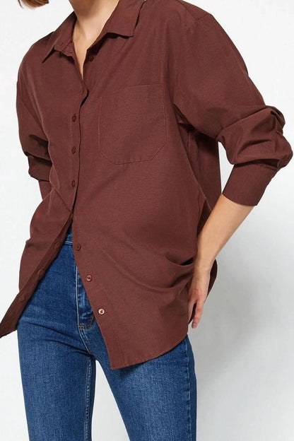 Fashion Women Shirt Collar Plain Pattern Casual Single Pocket Boyfriend Wide Fit Cotton Woven Shirt