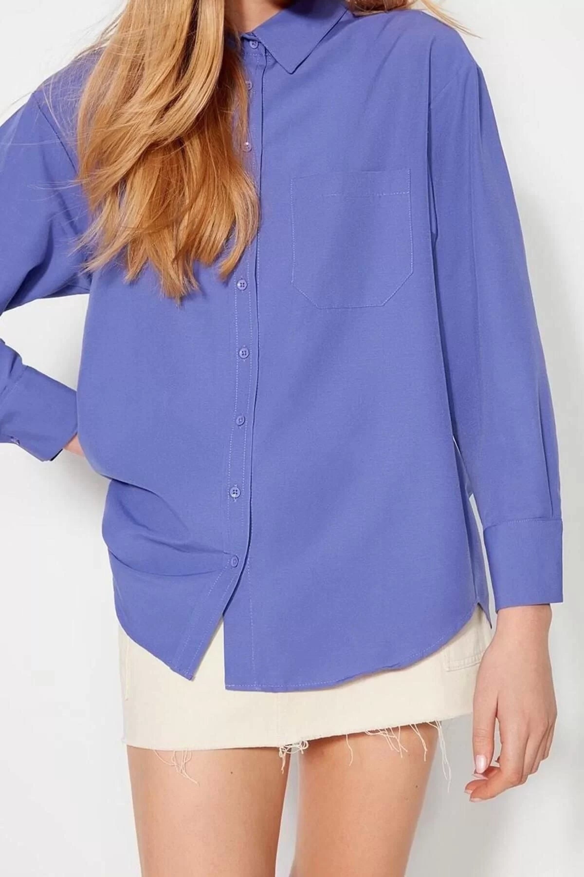 Fashion Women Shirt Collar Plain Pattern Casual Single Pocket Boyfriend Wide Fit Cotton Woven Shirt