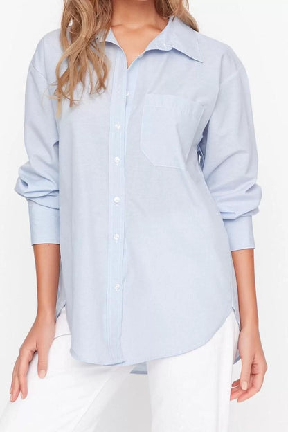 Fashion Women Shirt Collar Plain Pattern Casual Single Pocket Boyfriend Wide Fit Cotton Woven Shirt