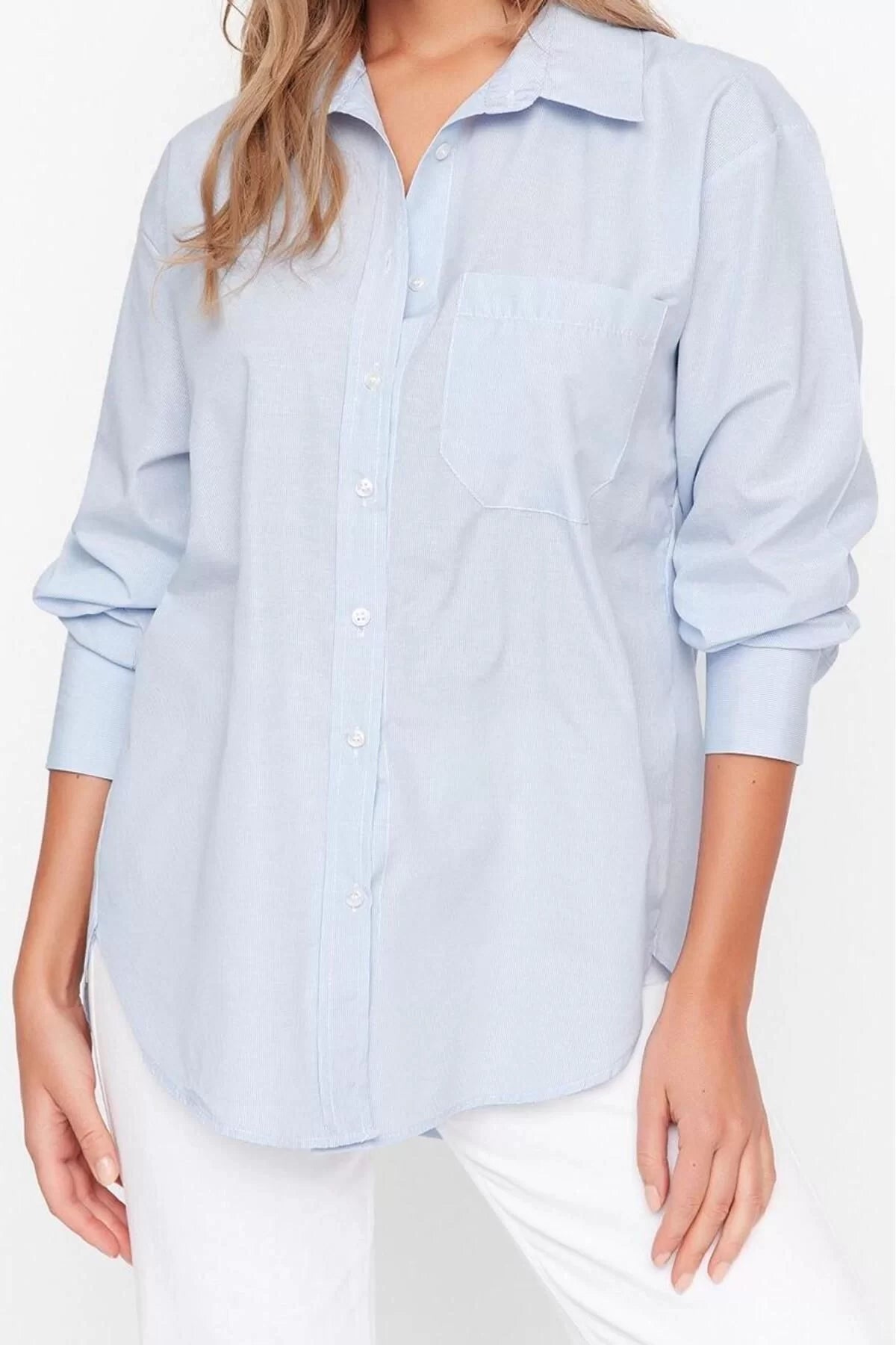 Fashion Women Shirt Collar Plain Pattern Casual Single Pocket Boyfriend Wide Fit Cotton Woven Shirt