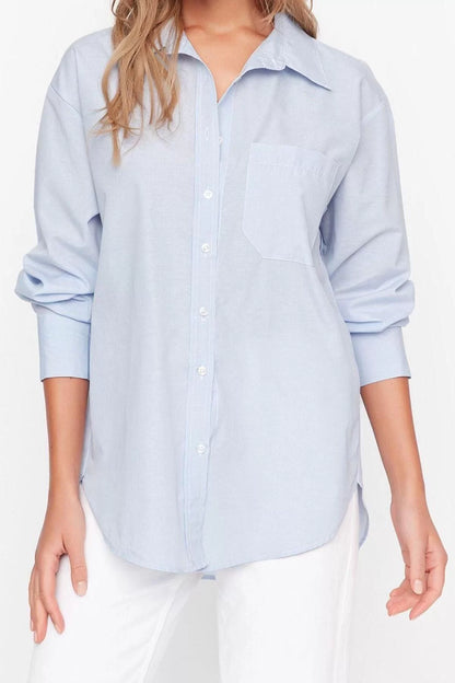 Fashion Women Shirt Collar Plain Pattern Casual Single Pocket Boyfriend Wide Fit Cotton Woven Shirt