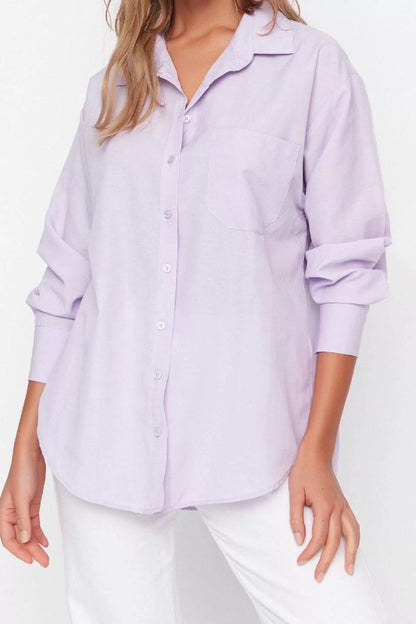 Fashion Women Shirt Collar Plain Pattern Casual Single Pocket Boyfriend Wide Fit Cotton Woven Shirt