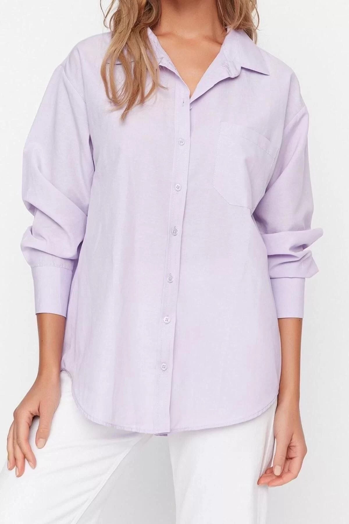 Fashion Women Shirt Collar Plain Pattern Casual Single Pocket Boyfriend Wide Fit Cotton Woven Shirt