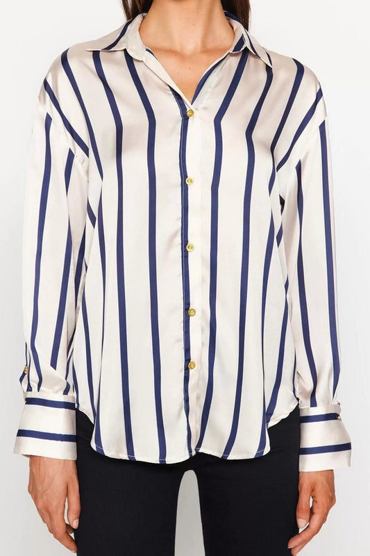 Fashion Women Shirt Collar Striped Pattern Casual Striped Satin Fabric Oversize Wide Pattern Woven Shirt